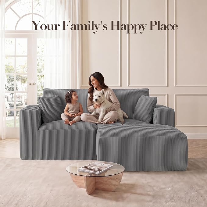 Modular Sectional Sofa with Ottoman, L-Shaped Cloud Couch, 79" Memory Foam Boneless Loveseat with Chaise, No Assembly Required Corduroy Frameless Sofa for Small Living Room Apartment Home Decor, Grey