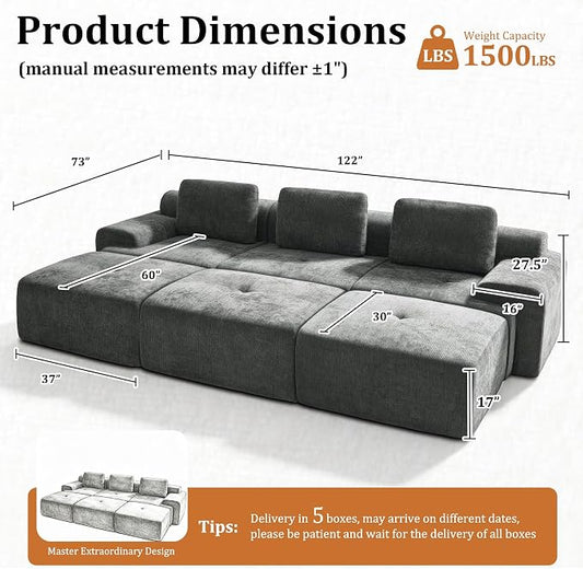 122" Oversized Boneless Couch, Comfort Cloud Sectional Couches for Living Room, Modular Sofa High Back & Extra Deep Seat, No Assembly, Soft Chenille Fabric (Dark Grey, 122 inch-(3+3))