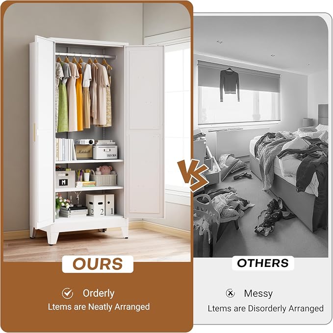 Steel Armoire Wardrobe Closet with 2 Doors and 2 Shelves, 71" H Freestanding Wardrobe Cabinet, Large Closet with Hanging Rod, White Metal Closets, Bedroom Armoire for Bedroom, Office