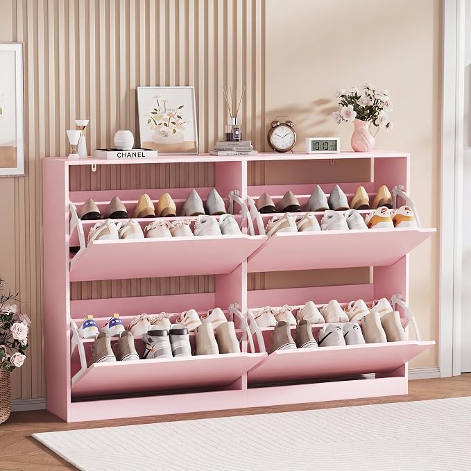 Shoe Storage Cabinet, Wood Shoe Organizer for Entryway with 3 Flip Drawers, Freestanding Shoe Rack with Adjustable Shelf, Narrow Shoe Dresser for Front Door Entrance (Pink, Standard 4 Drawers)