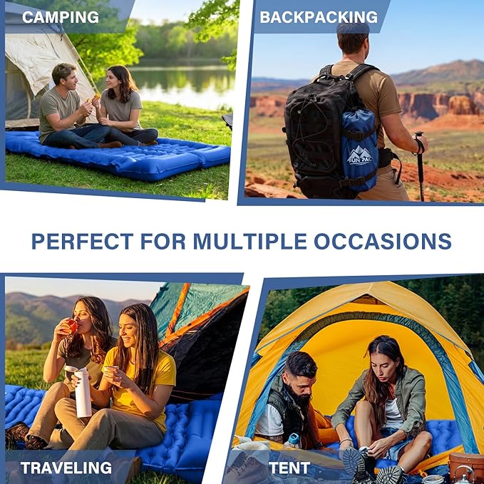 FUN PAC Camping Sleeping Pad with Pillow Built-in Foot Pump Inflatable Sleeping Mat Compact for Camping Backpacking Hiking Traveling - Blue