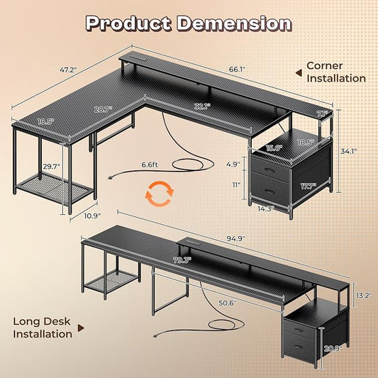 PRAISUN 66" L Shaped Gaming Desk with LED Lights & Power Outlets, Computer Desk with Fabric Drawers and Print Stand, Corner Office Desk, Monitor Stand, Mesh CPU Stand, Carbon Fiber Black
