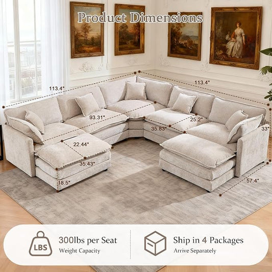 GNIXUU Cloud Couch Oversized Modular Sectional Sofa for Living Room, Modern Chenille 7 Seater Corner Sofa with Deep Seat, Large U-Shaped Couch Set for Spacious Space Apartment, Camel