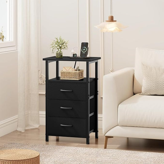 Vagusicc Nightstand with Charging Station, Bedside Table with USB Ports and Outlet, End Table Side Table with 3 Fabric Drawers and Storage Shelf, Bed Side Table Black Night Stand for Bedroom, Black