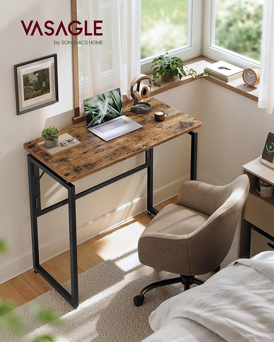 VASAGLE Folding Desk, Foldable Computer Desk, One-Piece Desktop, Rounded Edges, Small Folding Craft Table for Bedroom, Balcony, Camping, Easy Assembly, 31.5 x 15.7 Inches, Rustic Brown ULWD151KD01