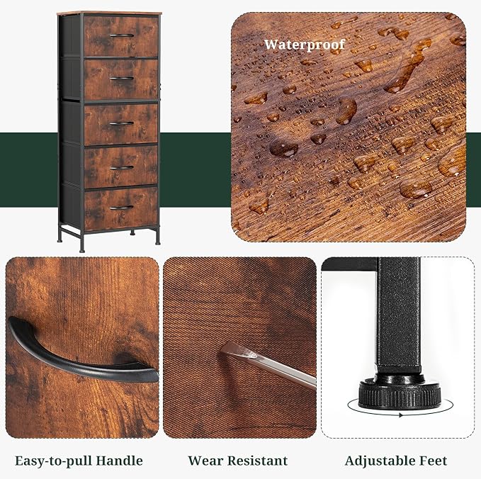 5 Drawers Dresser for Bedroom, Fabric Storage Tower Organizer with Wooden Top and Steel Frame, Tall Chest of Drawers for Closet, Entryway, Dorm, Brown