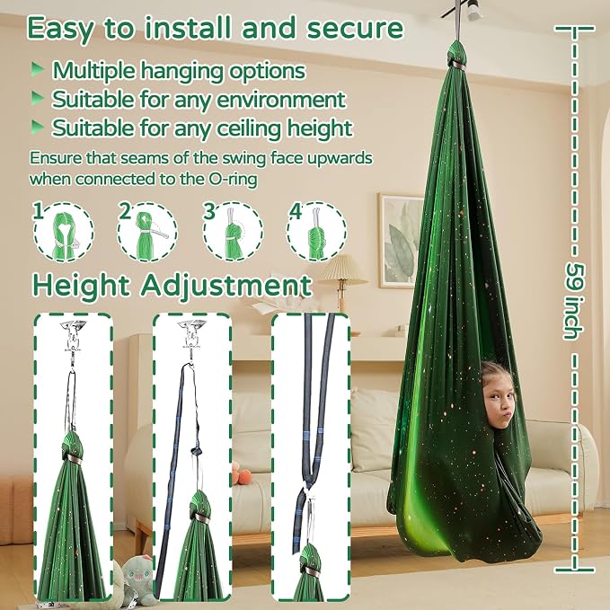 Sensory Swing for Kids Indoor & Outdoor Double Layer Therapy Cuddle Hammock Chair with 360 Swivel Hanger Kit Adjustable Swing for Child and Adult with Aspergers Autism ADHD (Aurora Green)