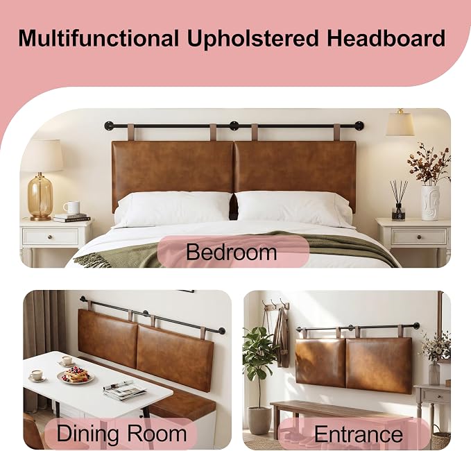 King Headboard, Wall Mounted Hanging Upholstered Soft Bed Head Board with Modern Design Faux Leather Headboards Ideal for Bedroom (Brown Leather, King