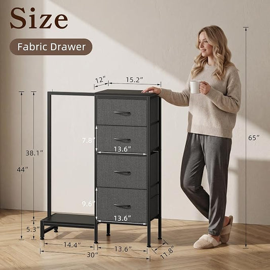 HIGDBFE Dresser with Hanging Rack, 4 Drawers Small Closet for Bedroom, Reversible Fabric Kids Chest of Drawers with Clothes Rack, Tall Storage Tower, Sturdy Frame, Grey, 44''H