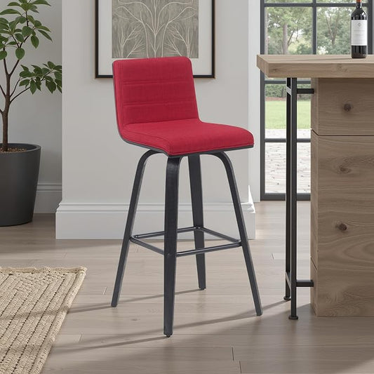 Vienna Modern Swivel Bar Height Stool with Red Upholstered Seat and Brushed Wood Frame Set of 2