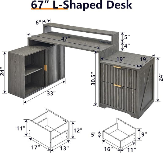 67"Modern Desk with Cabinet & 2 Drawers, Fluted Office Desk Built‑in Outlet | L Shaped Desk ,storage cabinet with sliding doors, Wood Home Office Desk, Fluted Computer Writing Desk, Grayish Green