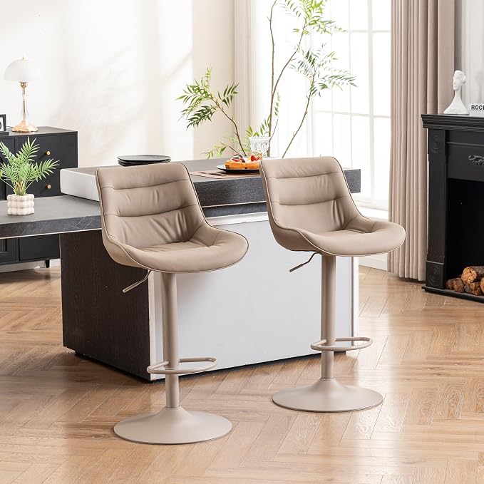 Kidol & Shellder Adjustable Bar Stools Set of 2, Faux Leather Counter Height Bar Stools with Back, Modern Mid Century Upholstered Barstools for Kitchen Island Khaki