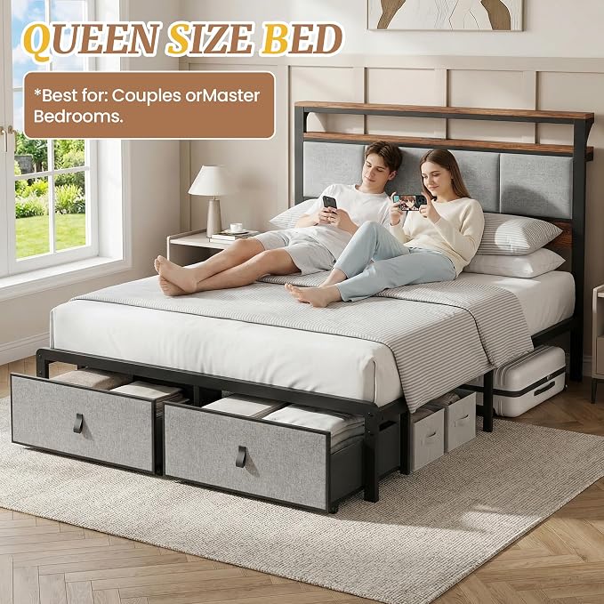 Upholstered Queen Bed Frame with 2-Tier Storage Headboard, Metal Platform Bed with Charging Station, Queen Size Bed Frame with 2 Under Bed Storage Drawers, No Box Spring Needed, Noise-Free
