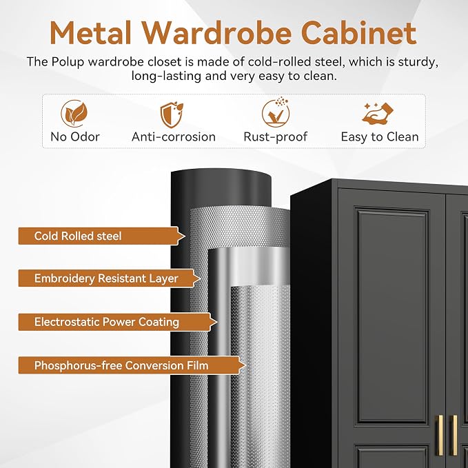 Polup Metal Armoire Wardrobe Closet with Drawer, 71“ Tall Wardrobe with Doors and Shelves, Metal Wardrobes Closet with Hanging Rod, for Bedroom, Garage, Laundry, Black
