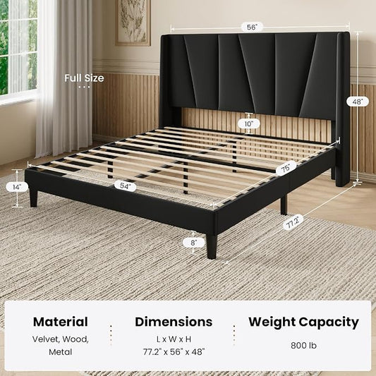 SHA CERLIN Full Size Velvet Bed Frame with Geometric Wingback Headboard, Upholstered Platform Bed with Wooden Slats Support, 8" Under-Bed Space, No Box Spring Needed, Easy Assembly, Black