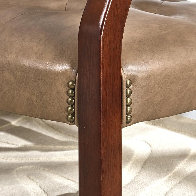 LEEMTORIG Set of 4 Large Dining Chairs with Casters and Arms, Rolling Dining Chairs with Wheels, Accent Game Table Chairs, 26“Dx25.2 Wx31.5“H, Cherry Legs & Yellowish Brown PU SY-1533-PMB04