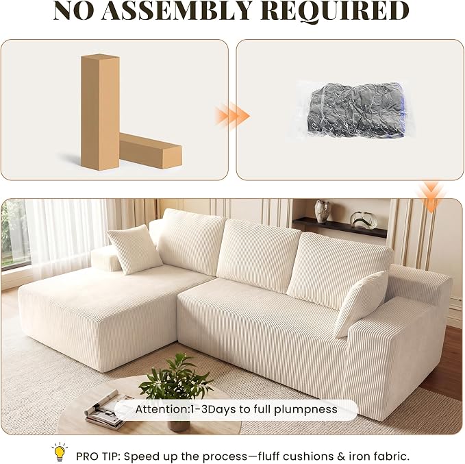 GRUSIGN Cloud Sectional Boneless Couches for Living Room, Modular L Shaped Couch with Deep Seat Oversized Left Facing Chaise, Memory Foam Compressed Spineless 3 Seater Sofa for Apartment, Beige