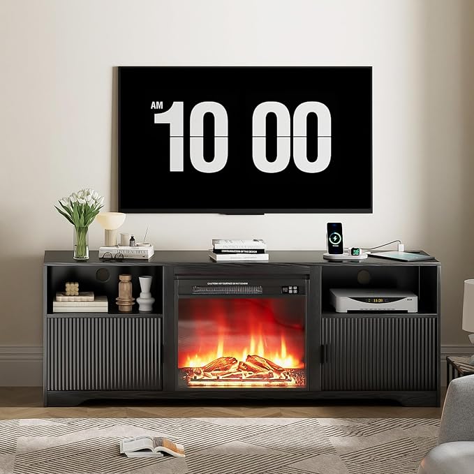 Mxtxmy Fireplace TV Stand for Television up to 80 Inch,Entertainment Center with Adjustable Shelf,Mid-Century Modern Fluted TV Stand with 23" Electric Fireplace,Media Console for Living Room,Bedroom