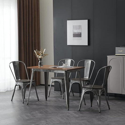Nazhura Metal Dining Chair Farmhouse Tolix Style for Kitchen Dining Room Patio, 18 Inch, Stackable, Waterproof Indoor/Outdoor (Sets of 4) (Brushed Metal with Wood Padding)