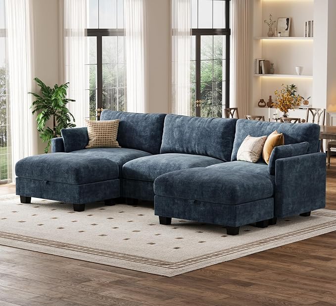 Modular Sectional U Shaped Sofa Couches for Living Room, Cloud Couch with Storage Ottoman, Comfy Chenille Sofa with Pillow, Blue