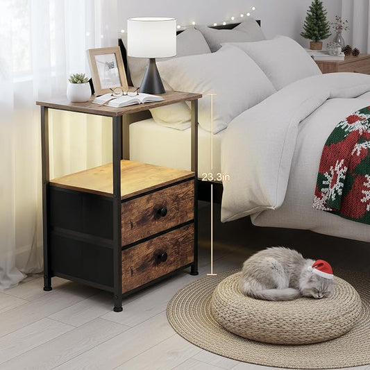 LOAKEKEL Night Stand Set 2, LED Nightstand with Charging Station, End Tables with Storage Shelf, Bedside Table with 2 Fabric Drawers for Bedroom, Small Spaces, Rustic Brown HETS02PBR
