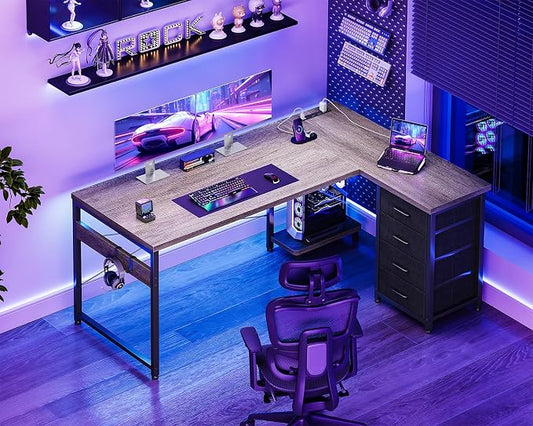 AODK L Shaped Gaming Desk with 4 Drawers, 53" Reversible Home Office Desks with Power Outlets, L Shaped Computer Desk with USB Charging Port and Host Stand, Corner Desk, Easy to Assemble, Grey