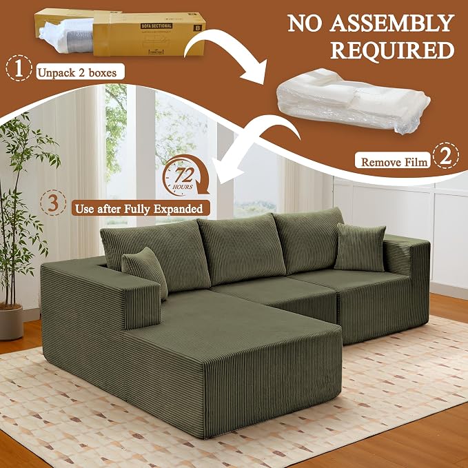 Modular Sectional Sofa for Living Room, 108" Cloud Couch Sectional with L-Shape Chaise, Modern Upholstered Corduroy Boneless Couch with Memory Foam Deep Seat, No Assembly Required (Green)