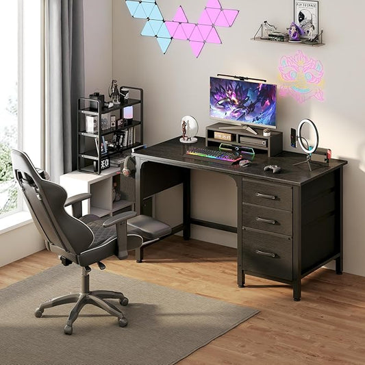 Lufeiya Computer Desk with File Drawers Cabinet, 47 Inch Reversible Home Office Desks with Filing Cabinet for Small Space, Gaming Study Writing Table PC Desks, Black