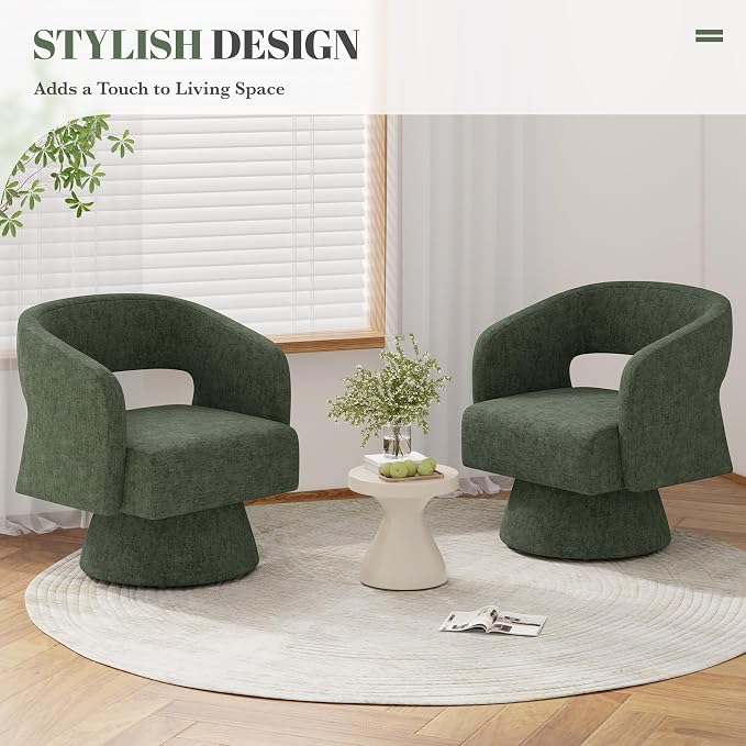 Luxanimarion Swivel Barrel Accent Chair,Oversized Chenille Upholstered Round Swivel Chair,Modern Luxury 360 Degree Living Room Vanity Chair for Bedroom Office,Green,2PCS