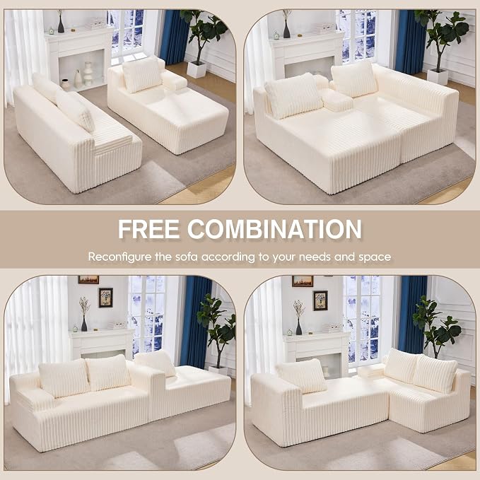 Hobestluk Boneless Couch Modular Sectional Sofa L-Shape Oversized Chaise | 108" Right Facing Chaise White,Memory Foam,Removable Cover,Non-slip Bottom,No Assemble Required,Living Room Furniture