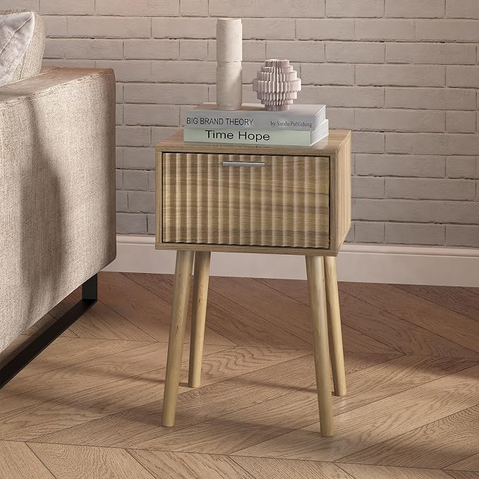 LAATOOREE Nightstands Set of 2, Small Size Side End Table, Bedside Table with Fluted Door, Solid Wood Feet; for Bedroom, Small Bed