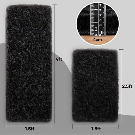 Ophanie Small Rug Washable Non Slip Throw Bedside Area Rugs, Fluffy Soft Mini Bedroom Carpet, 1.5x2.5 and 1.5x4 Rug Set, 2 Piece Black