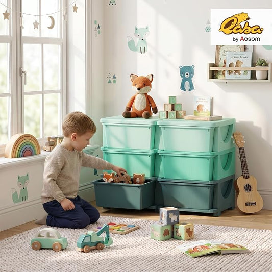 Qaba 6 Drawers Kids Storage Unit, 3 Tier Stackable Toy Organizers and Storage Chest for Bedroom, Nursery, Playroom, Living Room, Boys, Girls, Toddlers, Green
