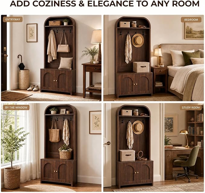 Narrow Entryway Hall Tree with Storage Bench, Modern Fluted Coat Rack and 2-Door Shoe Cabinet for Small Spaces, Arched Mudroom Organizer to Hide Clutter, Walnut