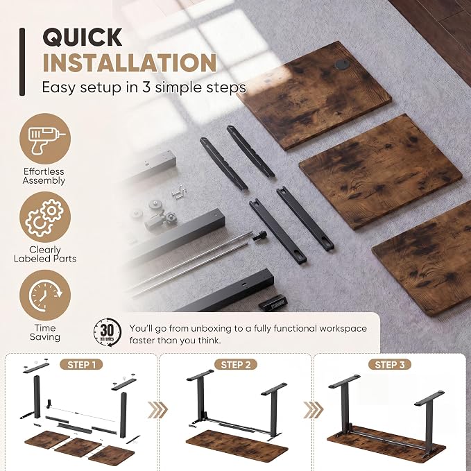 Furmax Electric Height Adjustable Standing Desk Large 48 x 24 Inches Sit Stand up Desk Home Office Computer Desk Memory Preset with T-Shaped Metal Bracke, Brown
