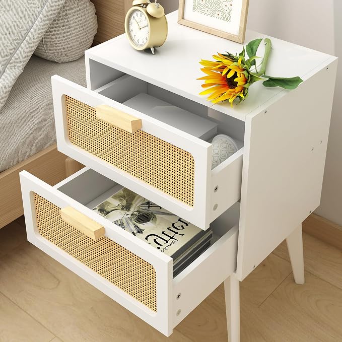YAUKOMEL White Nightstand, Wood End Table, Side Table with 2 Hand Made Rattan Decorated Drawers,Boho Bedside Table,Wood Accent Table with Storage for Livingroom, Bedroom, White CTG59W