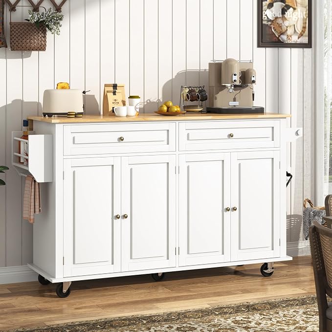 Hlivelood 63" Movable Kitchen Island with Drop Leaf and Power Outlet, Rolling Island Cart w/Storage Cabinet, Island Table on Wheels for Kitchen w/2 Drawers, Spice Rack, Towel Bar, Garage Hook, White