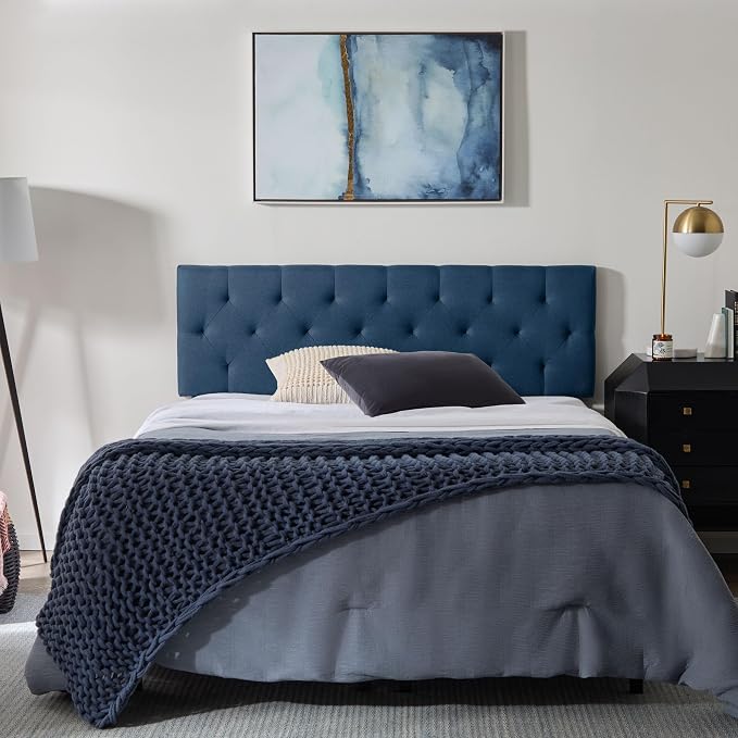Lucid Mid-Rise Upholstered Headboard - Diamond Tufted - Padded Polyester - Adjustable Height from 34” to 46” - Easy Assembly - Bed Frame or Wall Mount - Sturdy - Cobalt - Queen Size