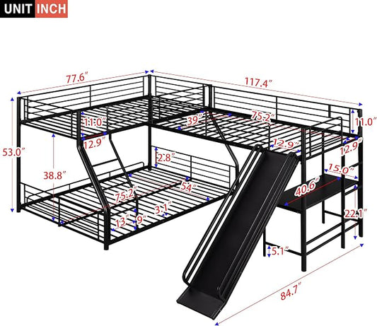 Flieks L-Shaped Twin Over Full Bunk Bed with Twin Size Loft Bed,Built-in Desk and Slide,Black