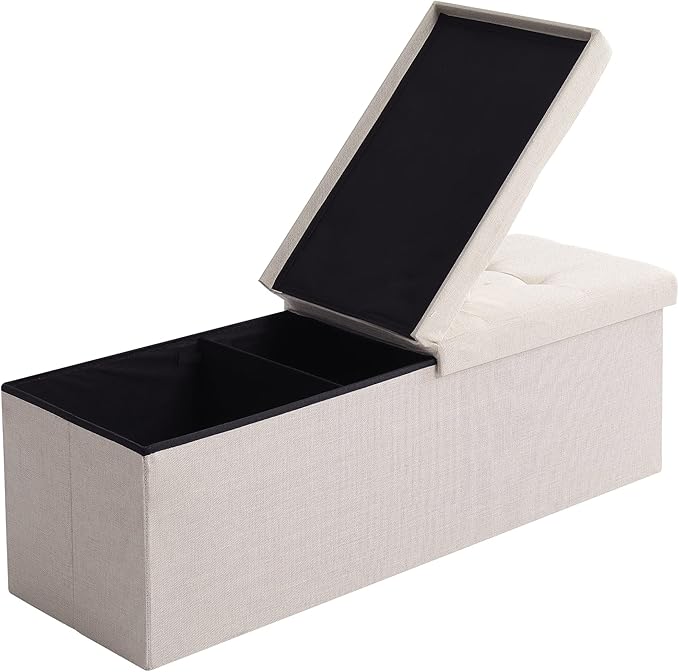 Shoe Storage Ottoman Foldable Seat Footrest Tufted Bench End of Bed Storage with Flipping Lid, 166L Storage Upholstered , Linen Fabric Beige, 45.3 Inches