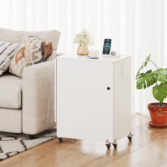 Giantex Folding Sewing Table with Charging Station, Rolling Craft Table with Storage Trays & Shelf, Foldable Sewing Machine Cabinet Desk with Lockable Wheels for Small Spaces (White)