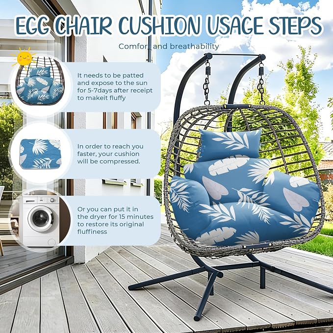 Waterproof Egg Chair Cushion Replacement 47x31.5x4.7 inch Thicken Hanging Egg Swing Chair Cushion Indoor Outdoor Wicker Rattan Hammock Basket Cushion with Headrest Pillow, Blue Leaf