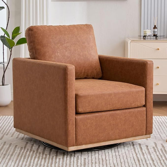 Swivel Accent Chair Set of 2, 360 Degree Square Swivel Chair for Living Room, Mid Century Modern Upholstered Barrel Chair,Comfy Sofa Armchairs for Bedroom,Nursery,PU Leather, Brown