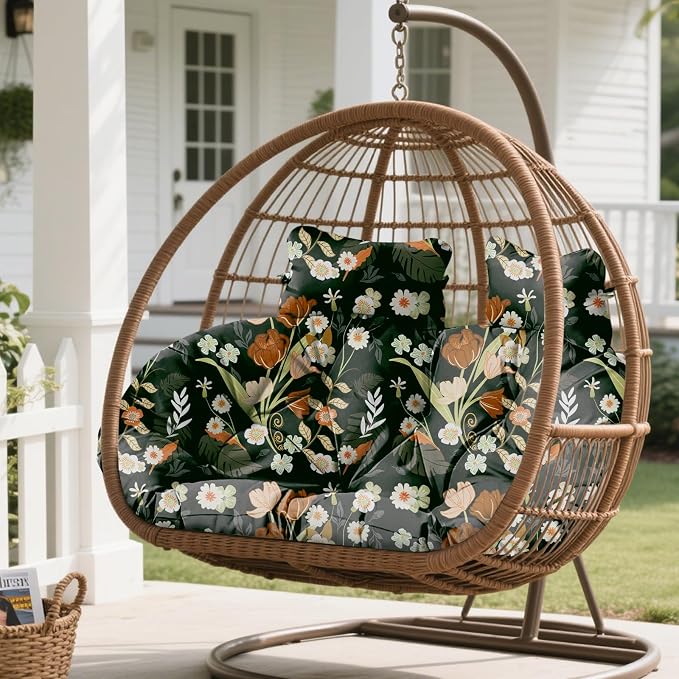 Double Egg Chair Cushion Replacement Waterproof for Outdoor Patio Hanging Basket Egg Chairs Cushion, 59x43-Inch Thickened Cotton Large Double Eggs Swing Chair Cushions, Black Peony