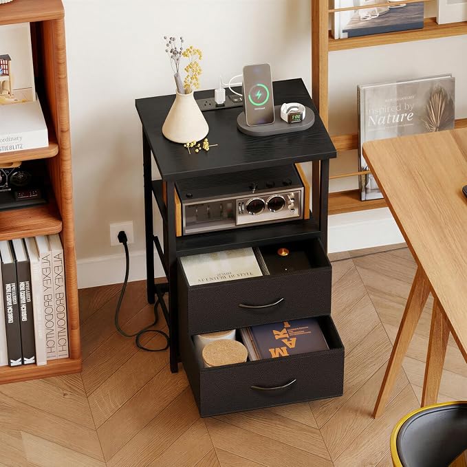 Fixwal Black Night Stand with Charger Station, Nightstand with Charging Station & Fabric Drawers