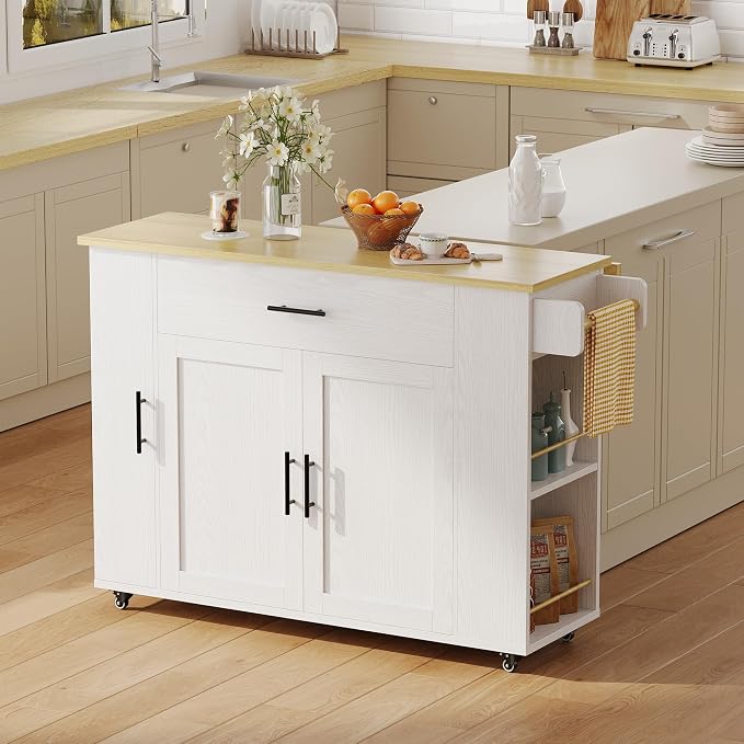 IRONCK Rolling Kitchen Island Table on Wheels with Drop Leaf, Storage Cabinet and Drawer, 52 in Kitchen Cart with Spice and Towel Rack for Kitchen, White