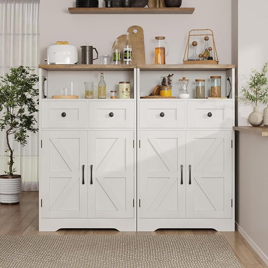 Befrases Set of 2 Farmhouse Storage Cabinet with Barn Doors and Drawers, Freestanding Kitchen Pantry, Floor Storage Cabinet Hutch Cupboard for Kitchen, Laundry, Living Room, White