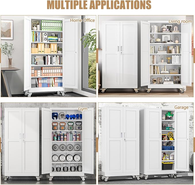 74" H Metal Pantry Storage Cabinet with Wheels,Rolling Kitchen Pantry Cabinet with 2 Doors and 5 Adjustable Shelves, Locker Steel Cabinet,Organization Cabinet for Garage,Home,Gym,School,White