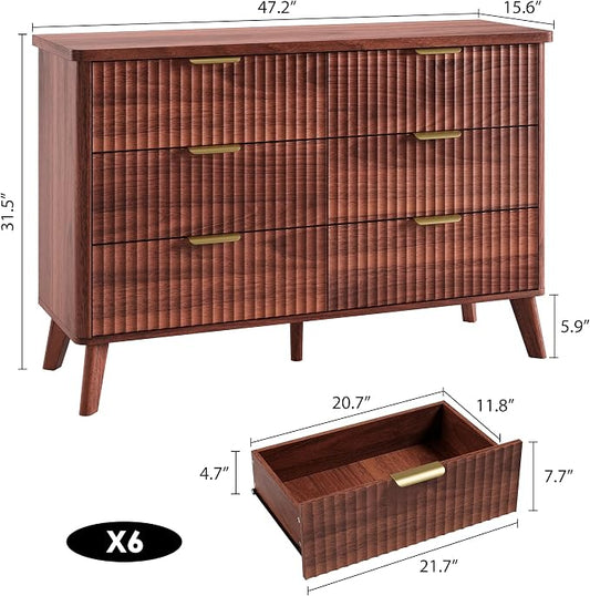 GarveeHome Fluted Dresser for Bedroom with 6 Deep Drawers, 47.2 in Wide Modern Chest of Drawers, Wooden Dresser TV Stand, Curved Profile Design, for Living Room, Kids Room, Hallway, Walnut