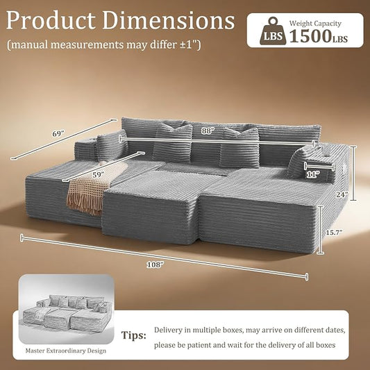 108" Cloud Sectional Couch, Comfort Sleep Sofa for Living Room, Extra Deep Seats No Assembly, Minimalist Modular Couch, Corduroy (Light Grey, Widen Loveseat Chaise)